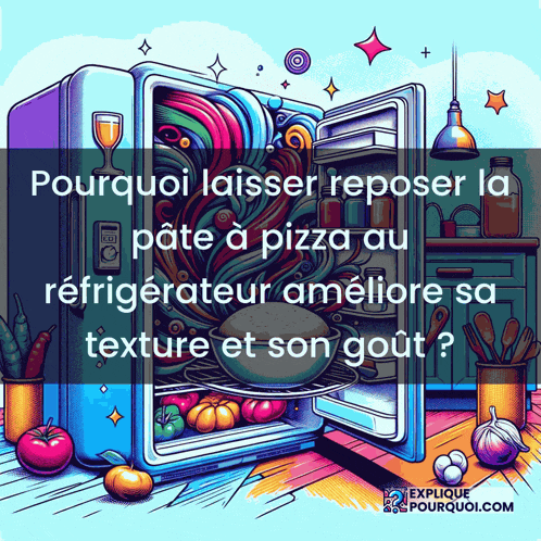 an illustration of an open refrigerator with the words pourquoi laisser reposer la pate a pizza