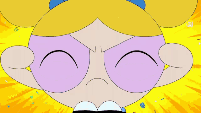 a close up of bubbles from the powerpuff girls with a yellow background