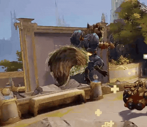 a video game character is jumping in the air while another character is standing behind him .