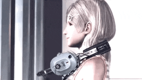 a girl wearing a robotic arm is standing in front of a door .