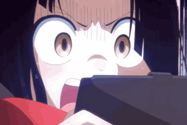 a girl with a surprised look on her face is playing a video game on a tablet .