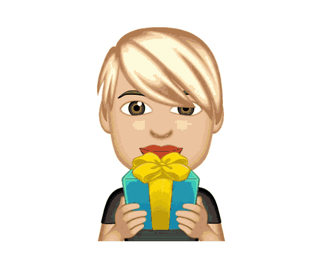 an emoji of a woman holding a blue gift box with a yellow bow