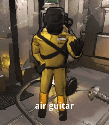 a cartoon of a man in a yellow suit giving the middle finger with the words air guitar below him