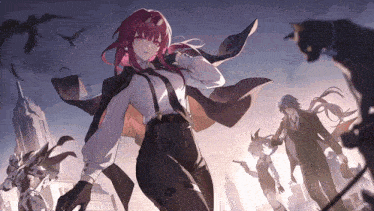 a group of anime characters are standing in front of a city