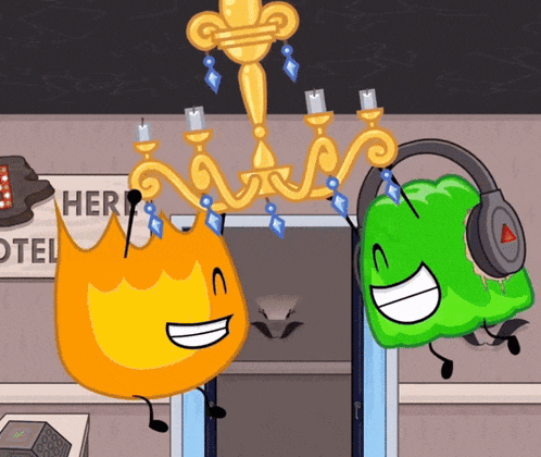 a cartoon of a flame and a green object standing next to a sign that says hotel