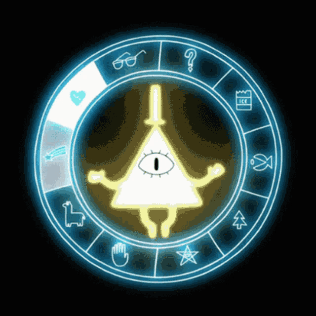 bill cipher from gravity falls appears in a glowing circle surrounded by symbols