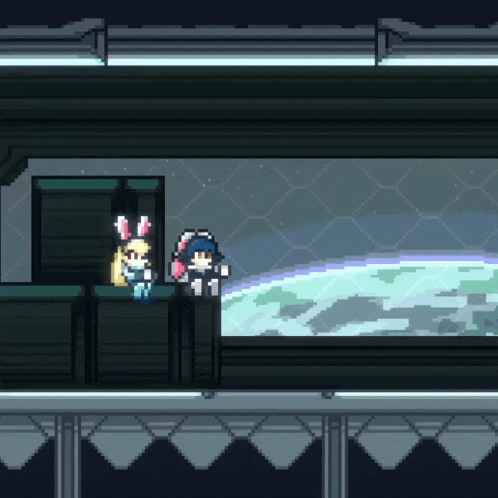 two pixel art characters are sitting on a balcony looking at the earth