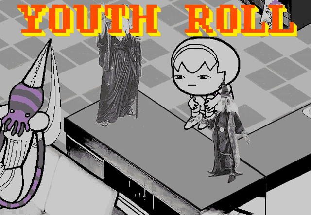a black and white cartoon with the words youth roll on the bottom