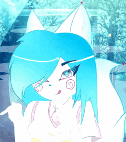a cartoon character with blue hair and white ears looks surprised