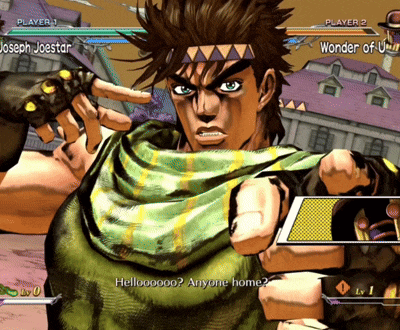 a video game character named joseph joestar is pointing at the camera