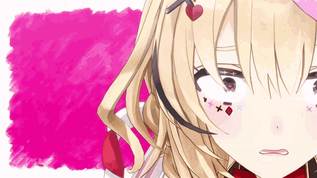 a close up of a blonde anime girl with a heart on her head
