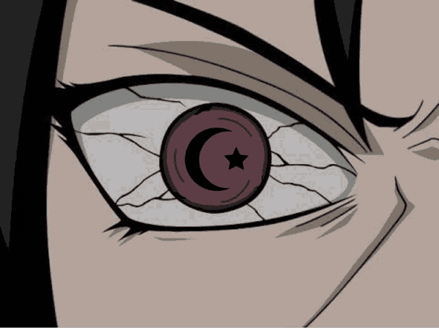 a close up of a cartoon character 's eye with a crescent moon and star in it