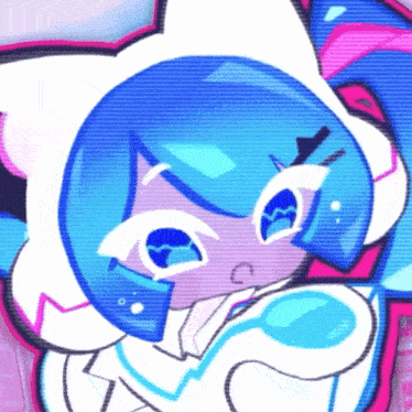 a cartoon character with blue hair and blue eyes
