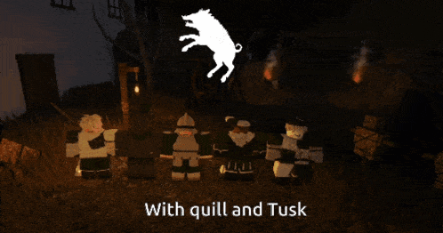 a group of cartoon characters are standing next to each other with the words " with quill and tusk " above them