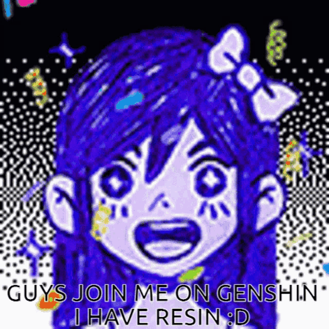 a cartoon of a girl with blue hair and a bow on her head is smiling .