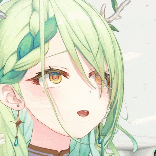 a close up of a girl with green hair