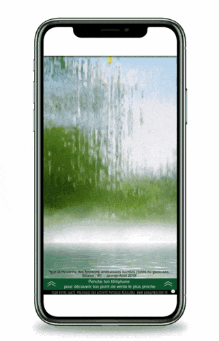 a cell phone displays a picture of a waterfall and says " perche ton téléphone " at the bottom