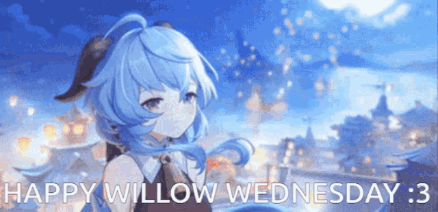 a blue haired anime girl with the words `` happy willow wednesday : 3 '' written below her .