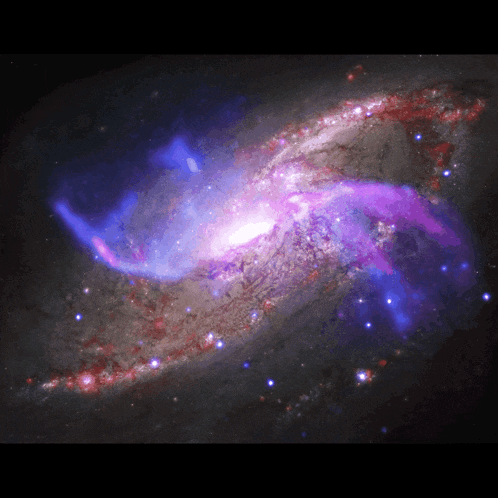 a picture of a galaxy with purple and blue smoke coming out of the center
