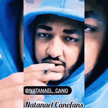 a man wearing a blue hoodie has the name natanael cano on the bottom right