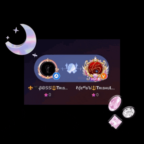 a screenshot of a video game with a crescent moon and a few gems
