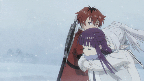 a man in a red jacket is standing in the snow with a sword