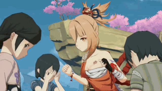 a group of anime characters are standing around a girl