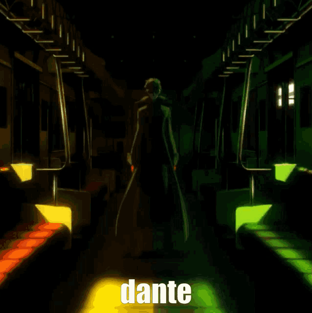 a man in a trench coat is standing in a dark room and the word dante is on the bottom
