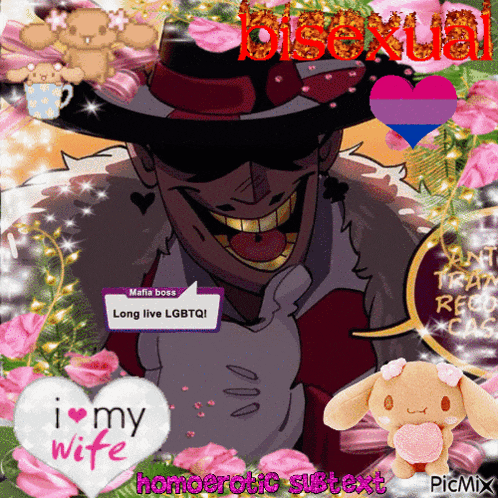 a picture of a man in a hat with a sticker that says " mafia boss long live lgbtq "