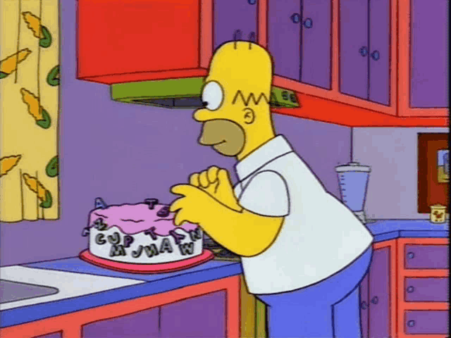 homer simpson is standing in a kitchen looking at a cake that has the letters eup on it