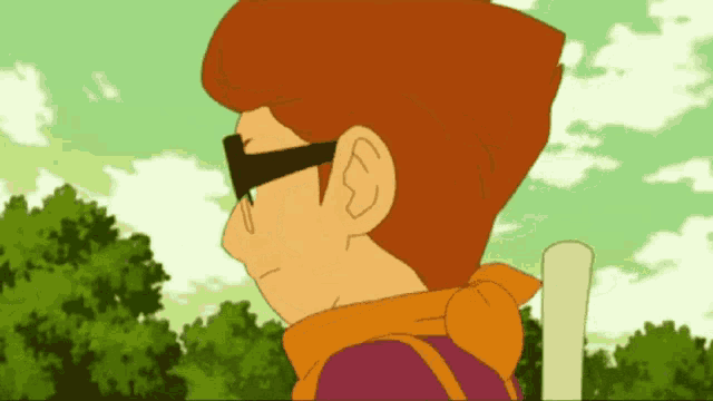 a cartoon drawing of a man wearing sunglasses and a purple scarf