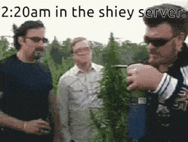 a group of men are standing in a field with the time 2:20 am in the shiey server