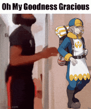 a picture of a man standing next to a cartoon character that says " oh my goodness gracious "