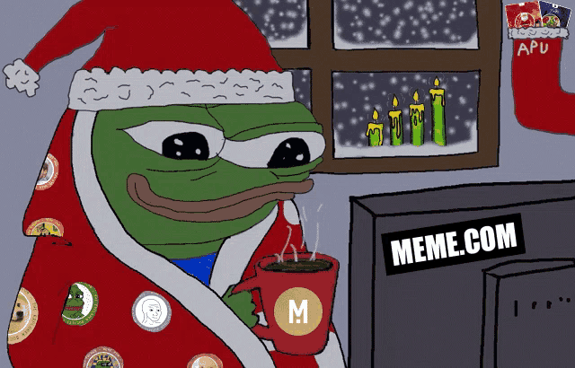 a cartoon of a frog wearing a santa hat and holding a cup of coffee
