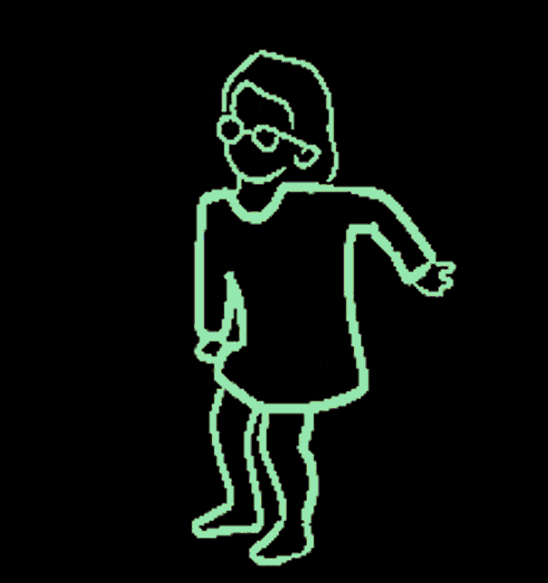 a pixel art drawing of a girl wearing glasses and a sweater dancing .