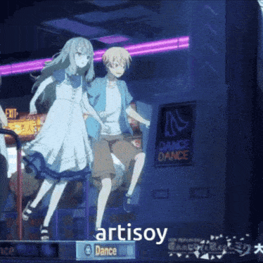 two anime characters are dancing in front of a dance sign