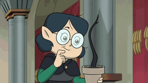 a cartoon character is holding a potted plant and thinking