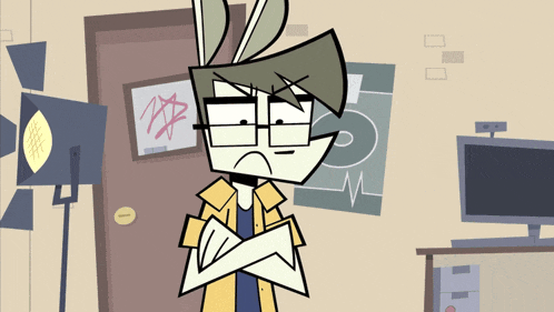 a cartoon character with bunny ears is standing in front of a door with a drawing of a star on it