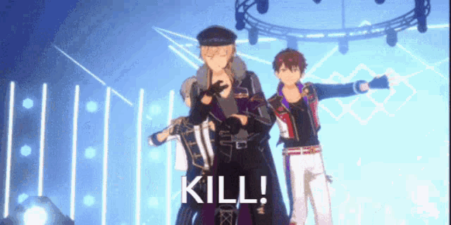 a group of anime characters are standing on a stage with the words `` kill '' written on the bottom .