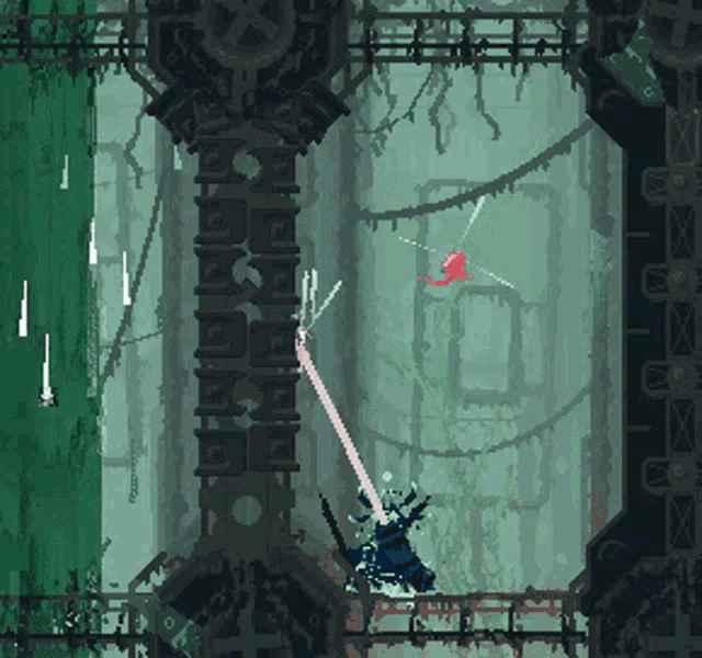 a pixel art drawing of a person holding a sword in a dark room
