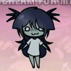 a cartoon drawing of a girl with black hair and a white shirt .