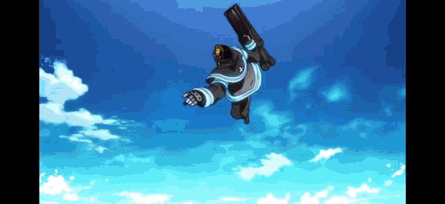a robot is flying through the air with a gun in his hand