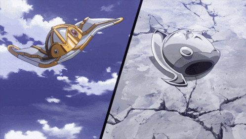 a cartoon drawing of a flying object and a broken object