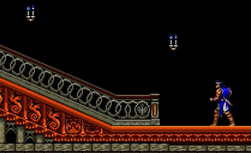 a video game scene with a man walking up a set of stairs .