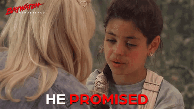a poster for baywatch remastered shows two girls talking