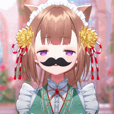 a girl with purple eyes and a mustache