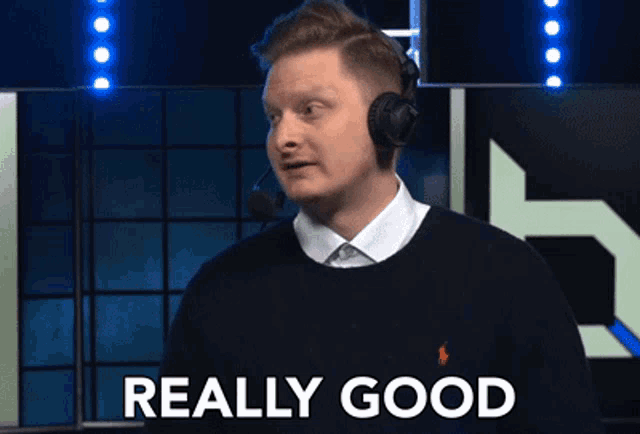 a man wearing headphones says " really good "