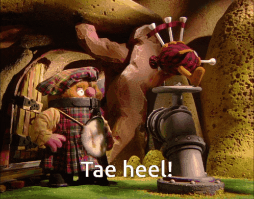 a cartoon character is standing next to a pipe with the words tae heel below it