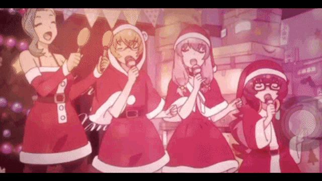 a group of anime girls dressed in santa claus outfits singing into microphones