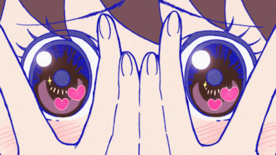 a close up of a girl 's eyes with pink hearts in them